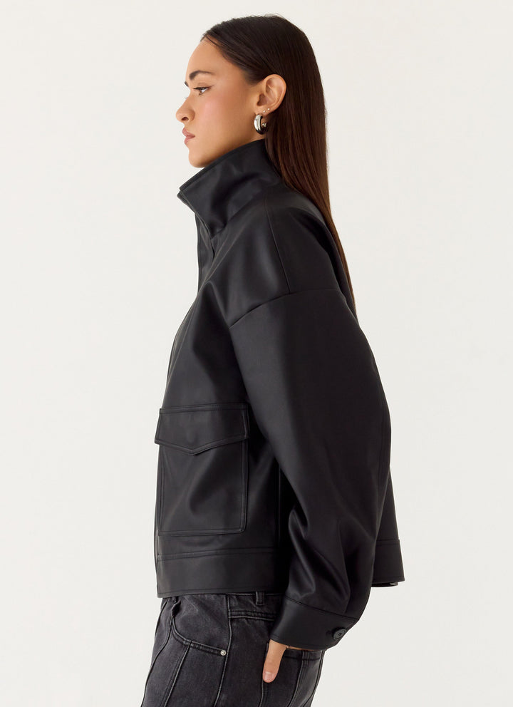 Women's black bomber jacket with mock neck, long sleeves and front flap pockets