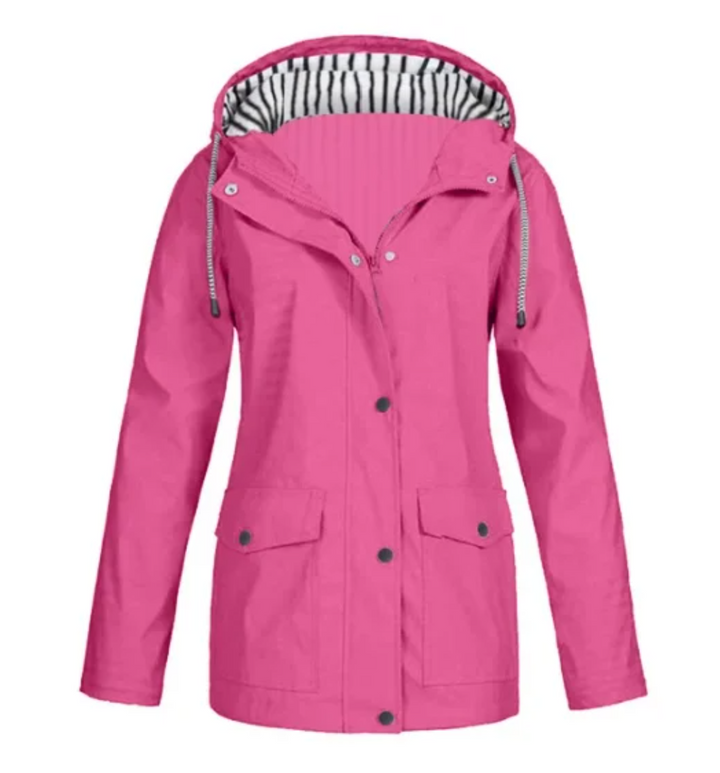 Women's hooded jacket with front zip, snap closure and flap pockets