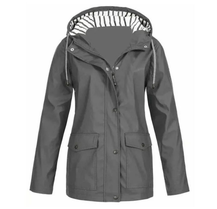 Women's hooded jacket with front zip, snap closure and flap pockets