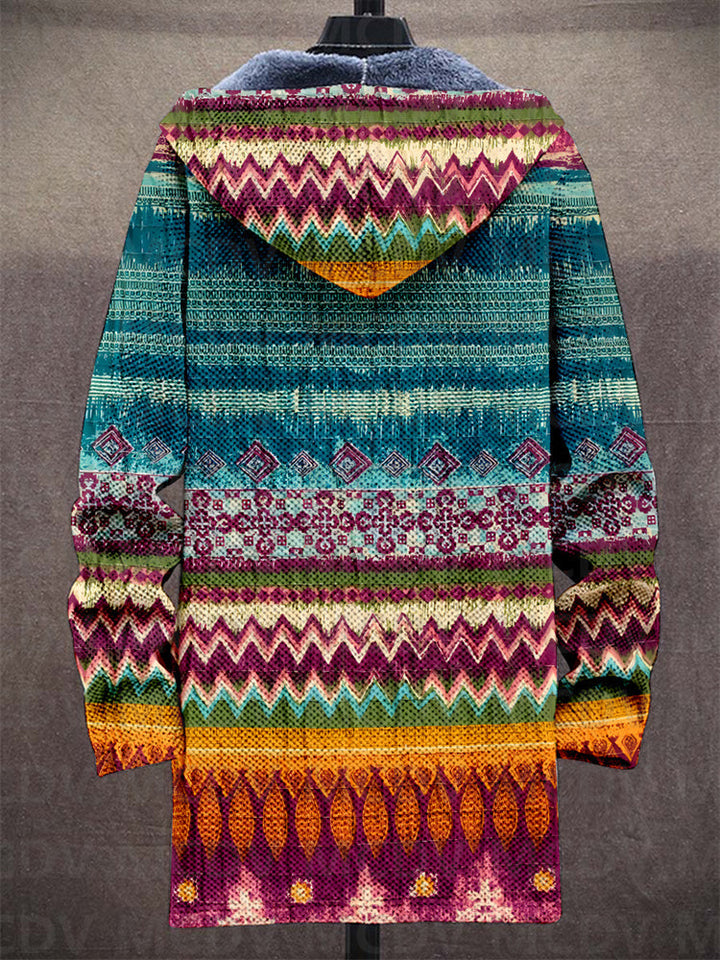 Multicolor geometric patterned zip-up hoodie with hood and long sleeves