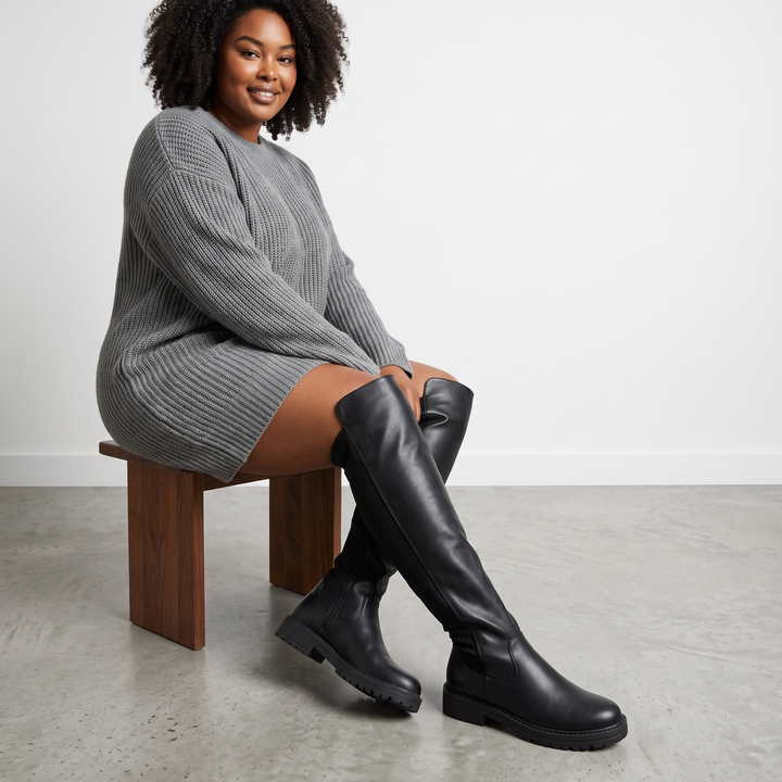 Black women's knee-high boots with round toes, side zippers, low heels and lug soles