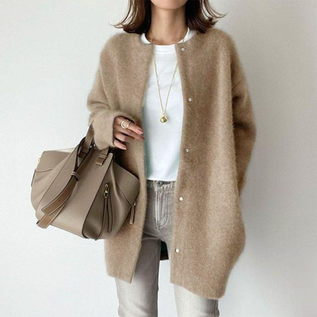 Women's longline button cardigan with round neckline and long sleeves