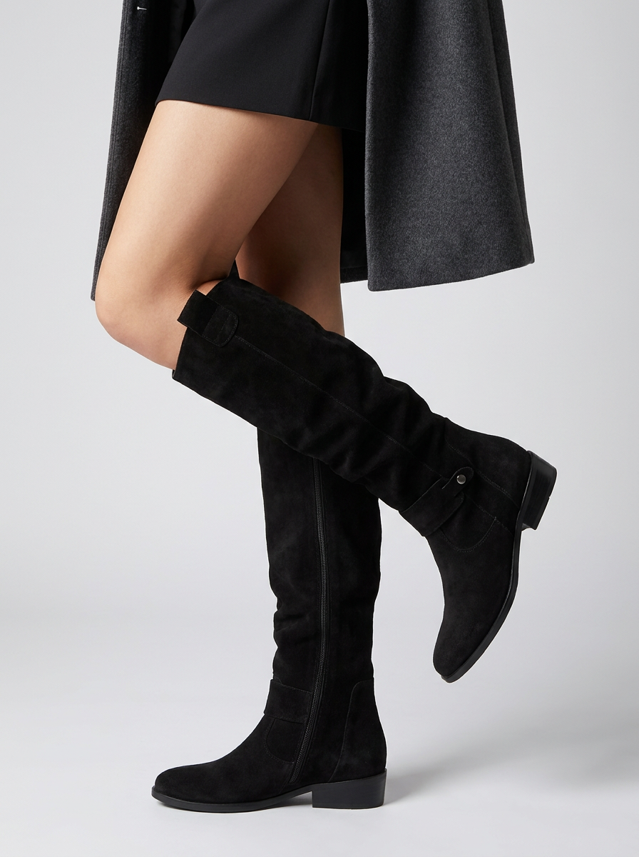 Women's knee-high boots with low block heels, side zippers and decorative straps
