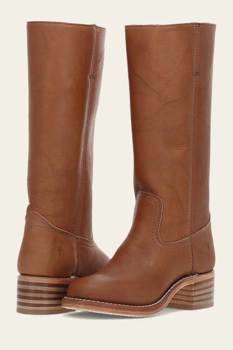 Women's tall knee-high boots with rounded toes, low block heels and stitched shaft detailing