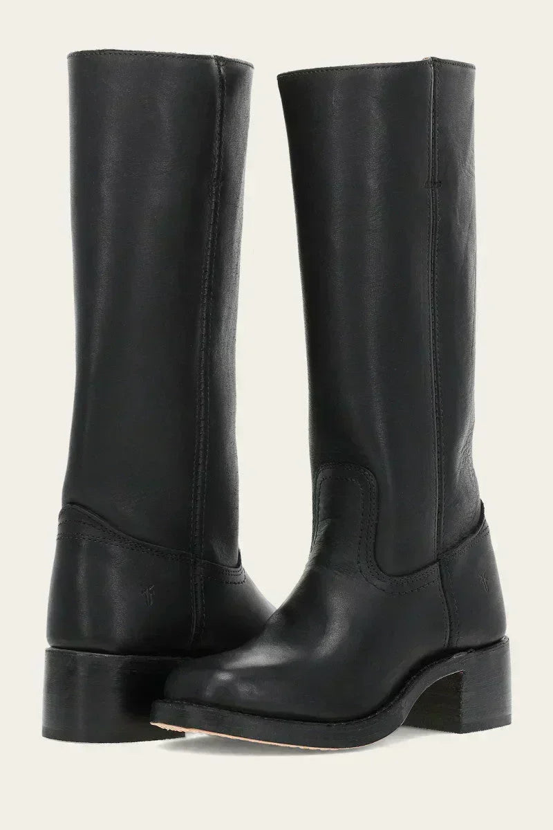 Women's tall knee-high boots with rounded toes, low block heels and stitched shaft detailing