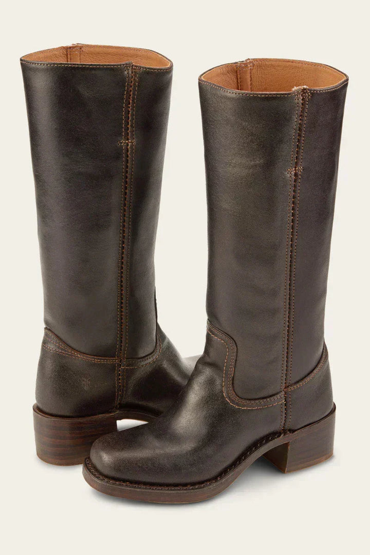 Women's tall knee-high boots with rounded toes, low block heels and stitched shaft detailing