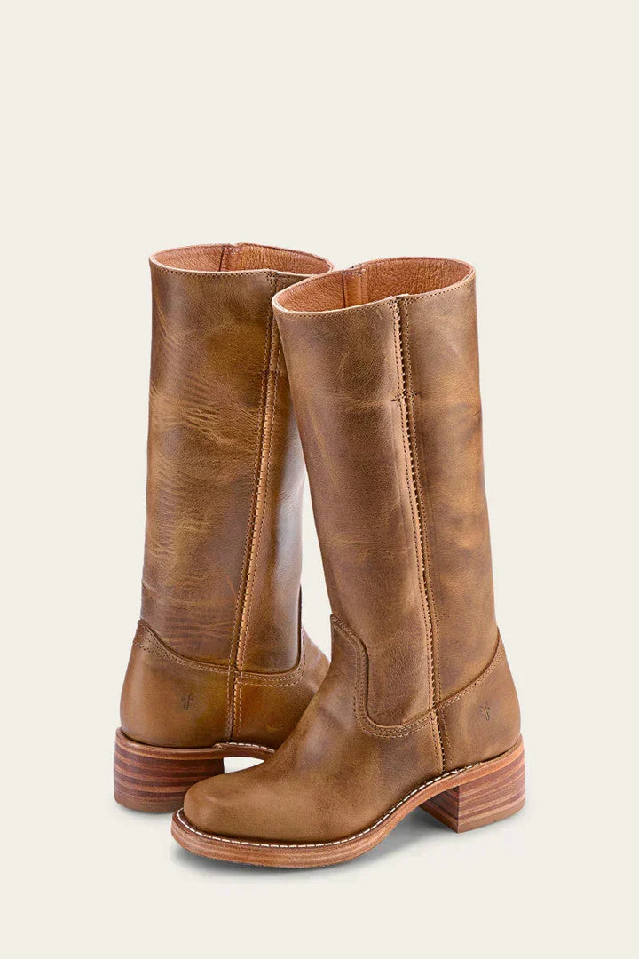Women's tall knee-high boots with rounded toes, low block heels and stitched shaft detailing