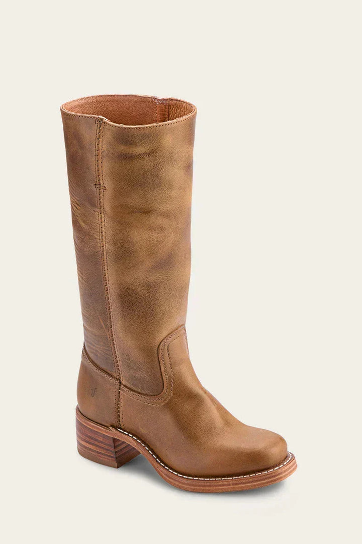 Women's tall knee-high boots with rounded toes, low block heels and stitched shaft detailing