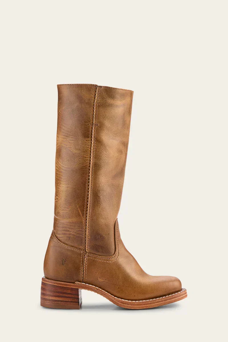 Women's tall knee-high boots with rounded toes, low block heels and stitched shaft detailing