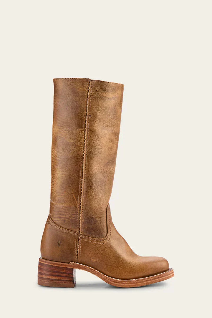Women's tall knee-high boots with rounded toes, low block heels and stitched shaft detailing