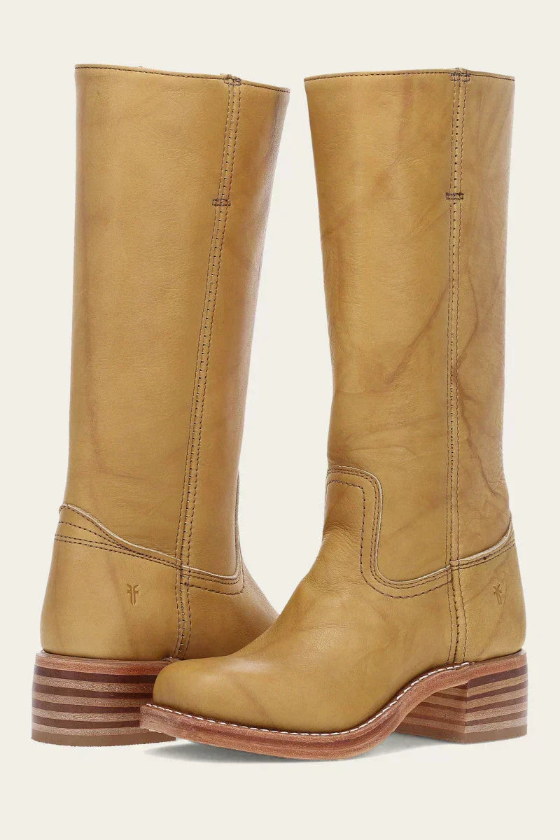Women's tall knee-high boots with rounded toes, low block heels and stitched shaft detailing