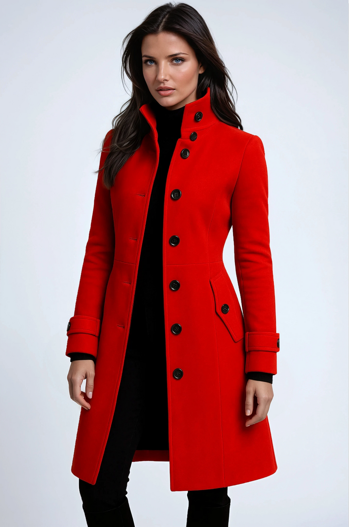 Women's knee-length button-front coat with stand collar, long sleeves, cuff straps and angled pockets