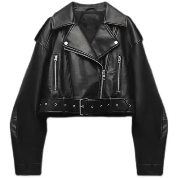 Women's cropped biker jacket with belt, angled zip front and long sleeves