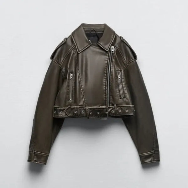 Women's cropped biker jacket with belt, angled zip front and long sleeves