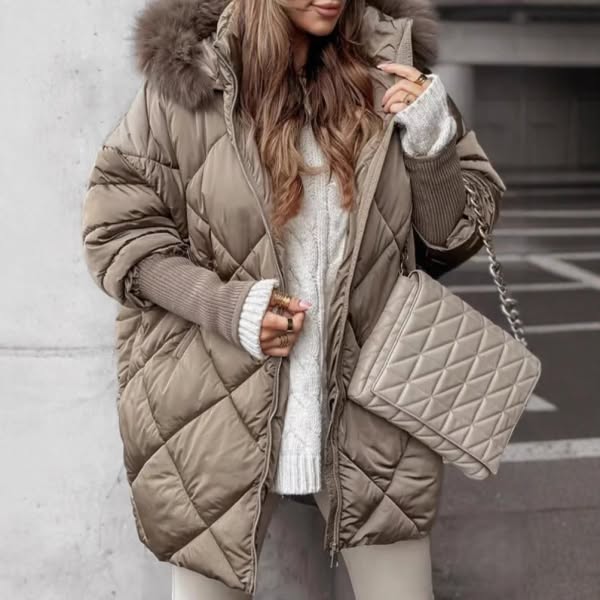Women's quilted hooded puffer coat with diamond stitching and plush hood trim