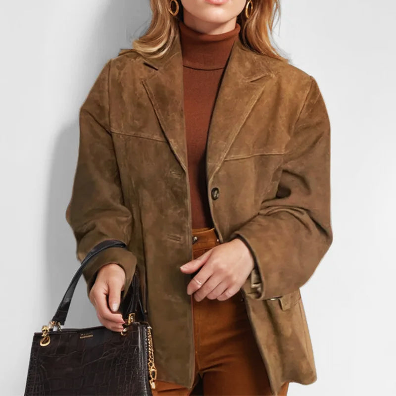 Women's blazer-style jacket with notched lapels, long sleeves and button front