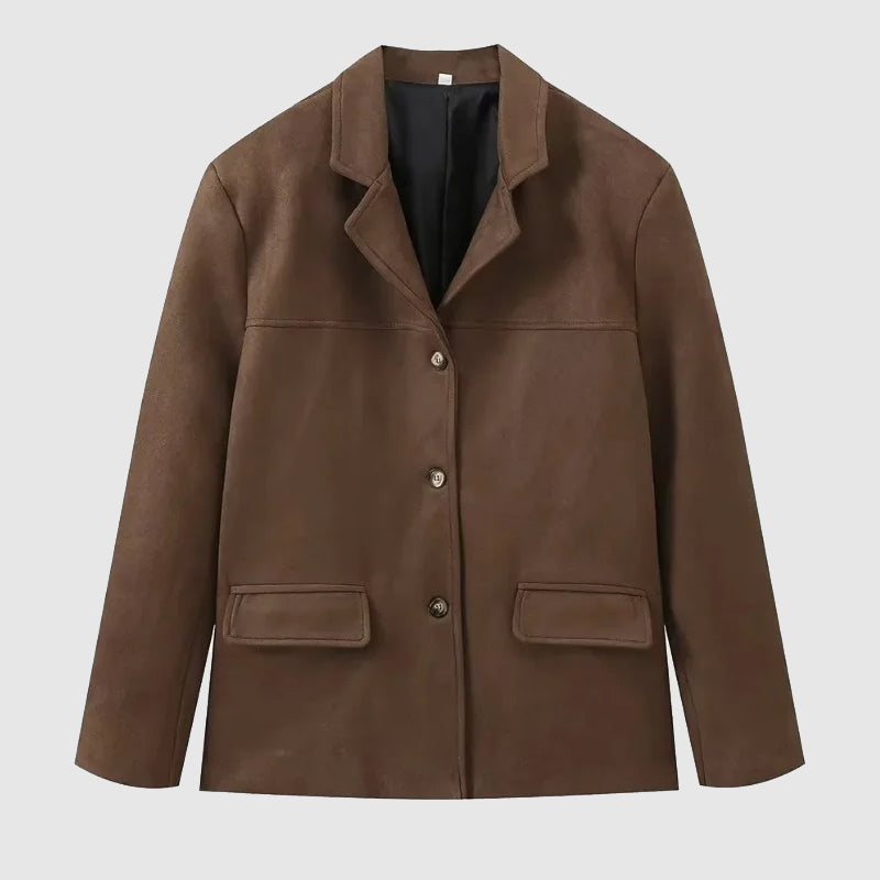 Women's blazer-style jacket with notched lapels, long sleeves and button front