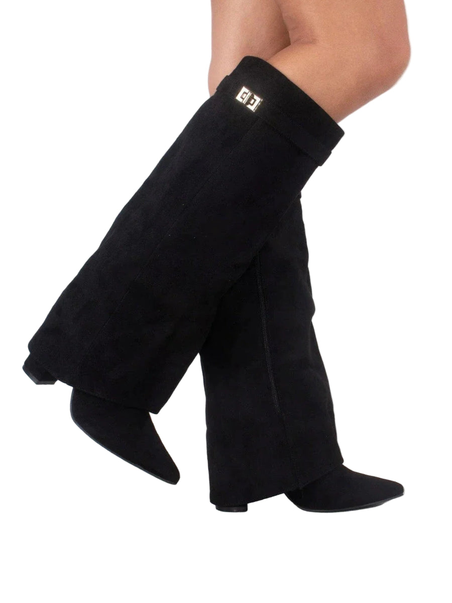 Women's knee-high pointed-toe boots with low heel, side zipper and metallic trim