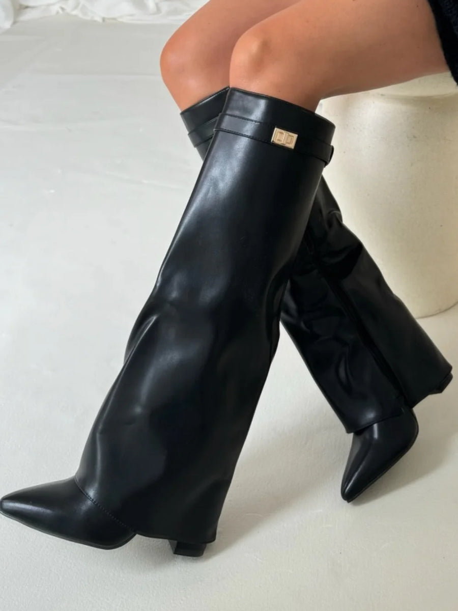 Women's knee-high pointed-toe boots with low heel, side zipper and metallic trim
