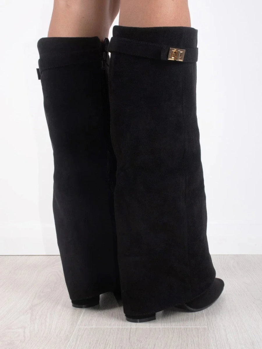 Women's knee-high pointed-toe boots with low heel, side zipper and metallic trim