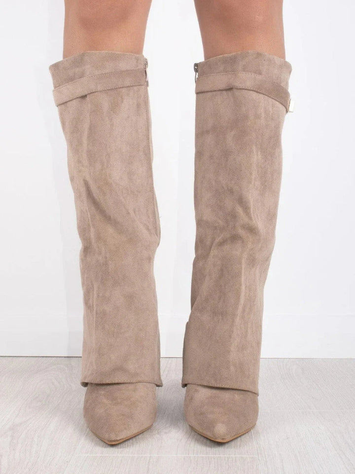 Women's knee-high pointed-toe boots with low heel, side zipper and metallic trim
