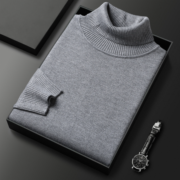 Folded solid ribbed turtleneck sweater with long sleeves