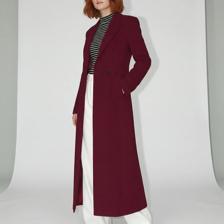 Women's long tailored coat with notched lapels, button front and flap pockets