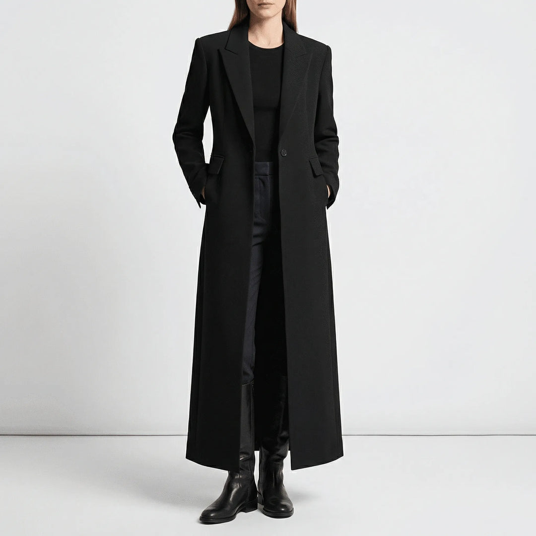 Women's long tailored coat with notched lapels, button front and flap pockets