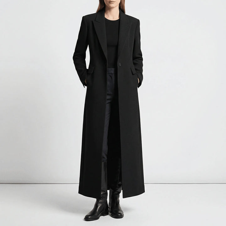 Women's long tailored coat with notched lapels, button front and flap pockets