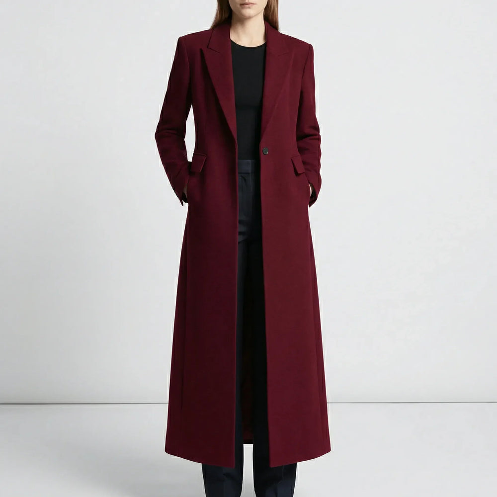 Women's long tailored coat with notched lapels, button front and flap pockets