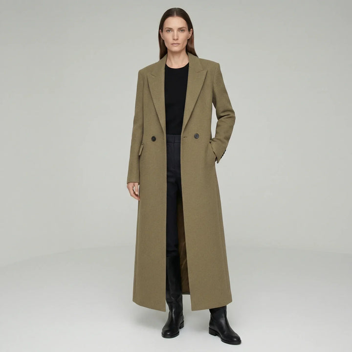Women's long tailored coat with notched lapels, button front and flap pockets