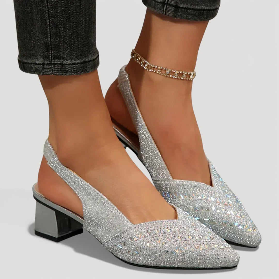 Women's pointed-toe embellished slingback heels with high block heels