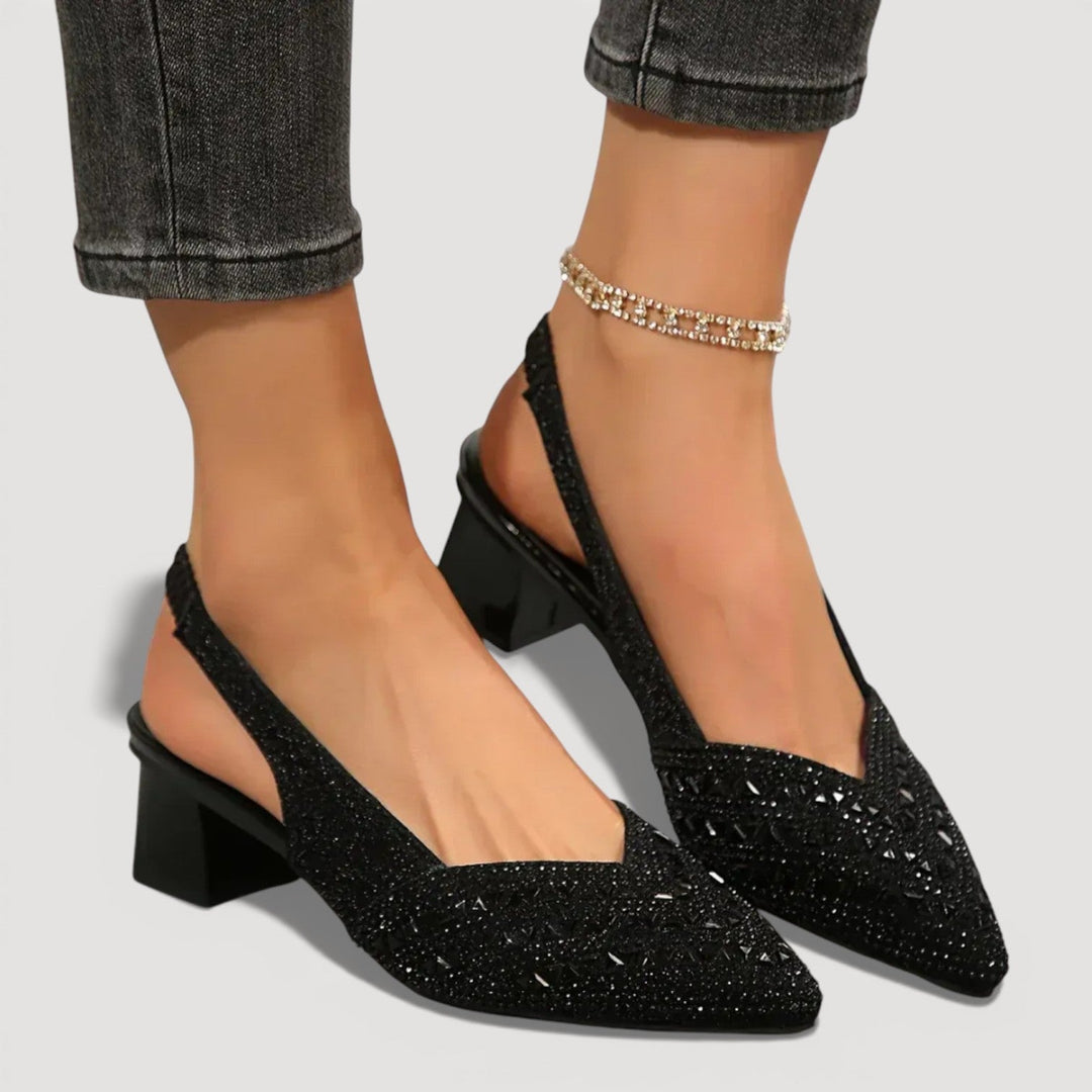 Women's pointed-toe embellished slingback heels with high block heels