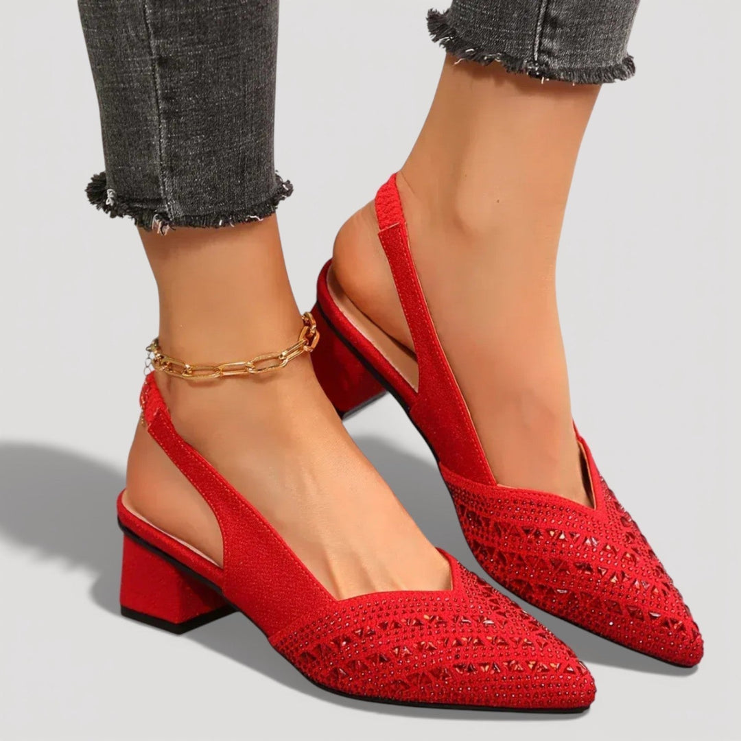 Women's pointed-toe embellished slingback heels with high block heels