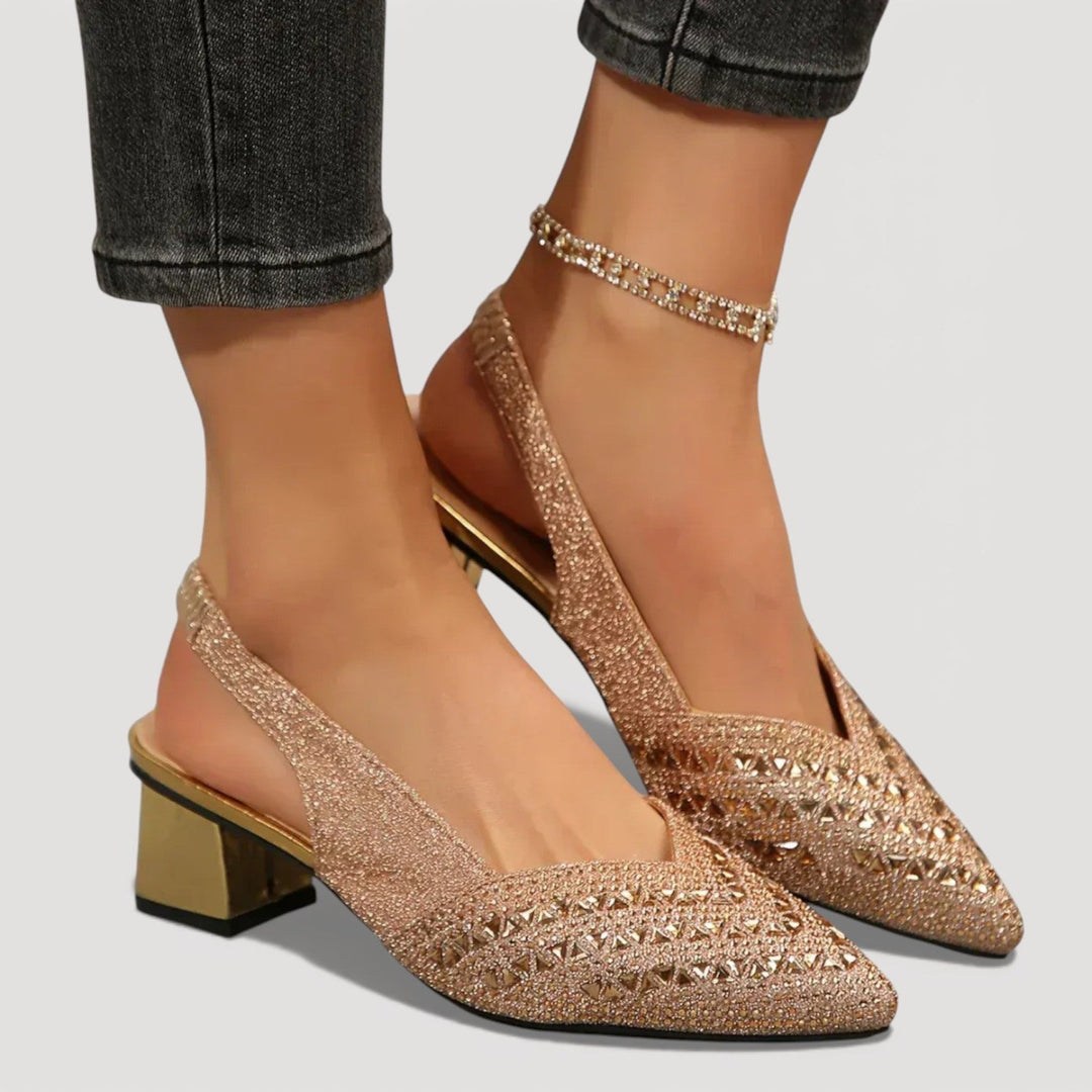 Women's pointed-toe embellished slingback heels with high block heels