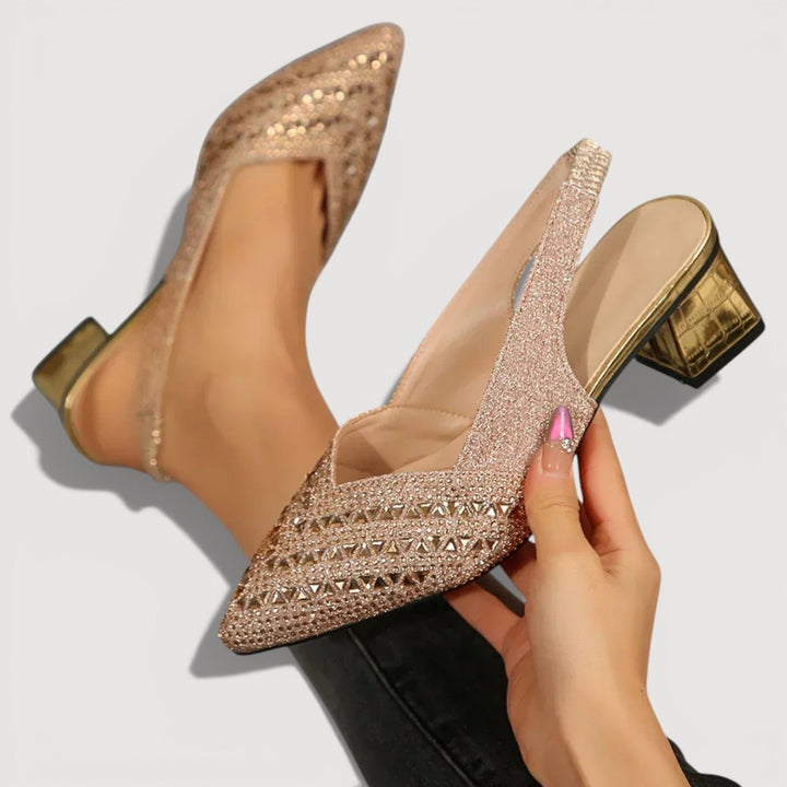 Women's pointed-toe embellished slingback heels with high block heels