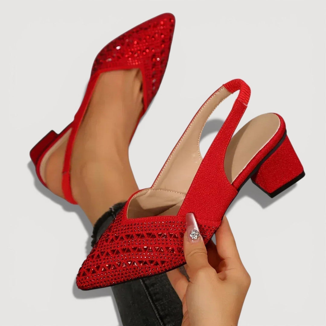 Women's pointed-toe embellished slingback heels with high block heels
