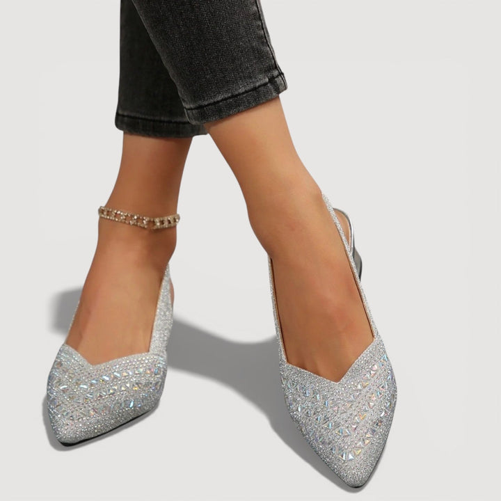 Women's pointed-toe embellished slingback heels with high block heels