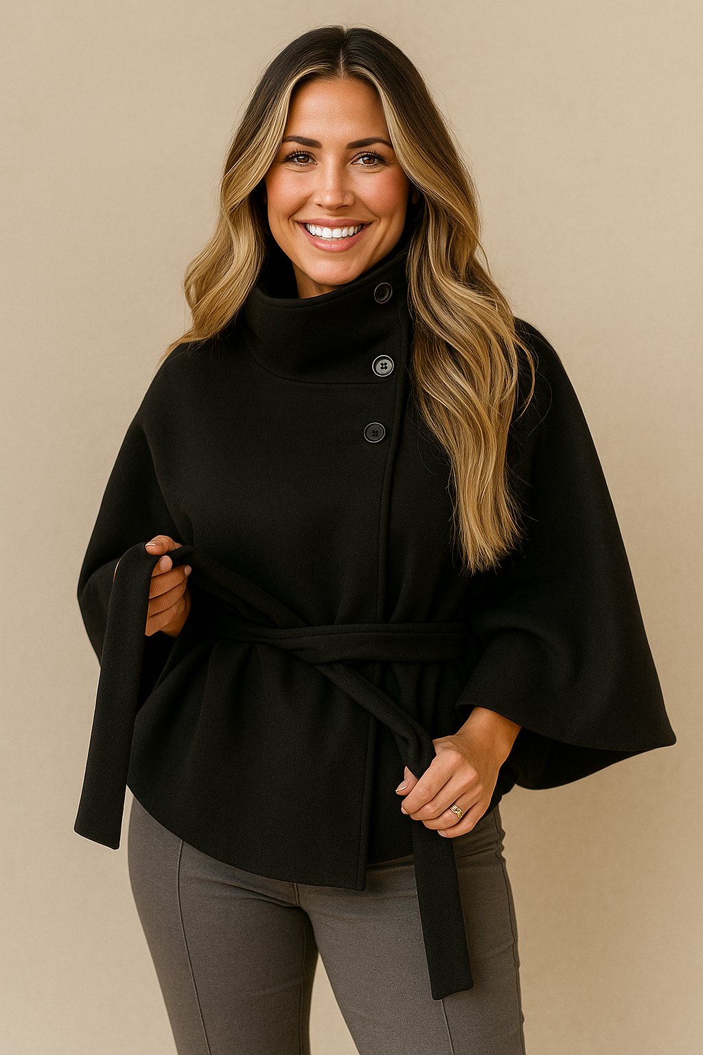 Women's cape coat with stand collar, button front and waist tie