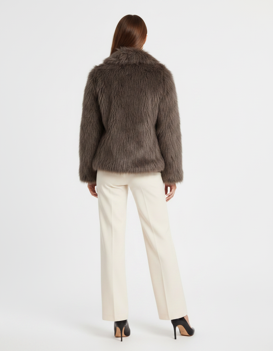 Women's brown shaggy fur-textured jacket with wide collar and long sleeves