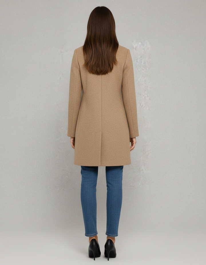 Women's straight-fit button coat with stand collar and long sleeves
