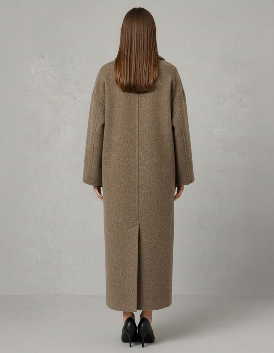 Women's brown longline coat with notched lapels and front pockets