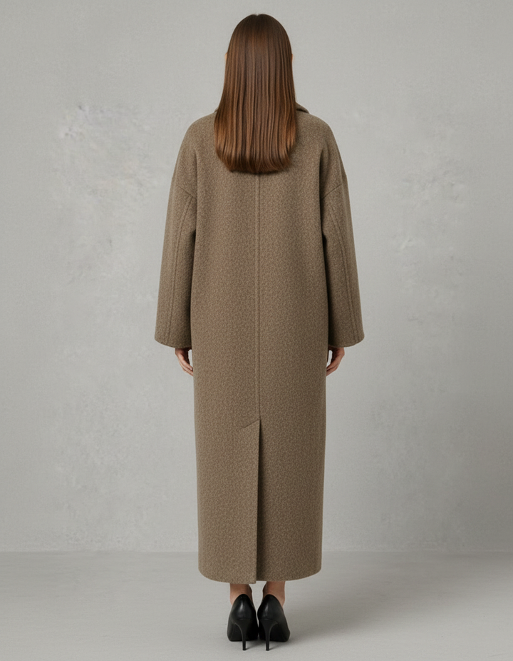 Women's brown longline coat with notched lapels and front pockets