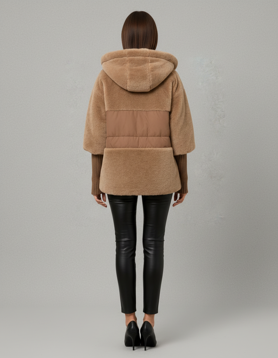 Women's hooded faux fur jacket with quilted panels and front pockets