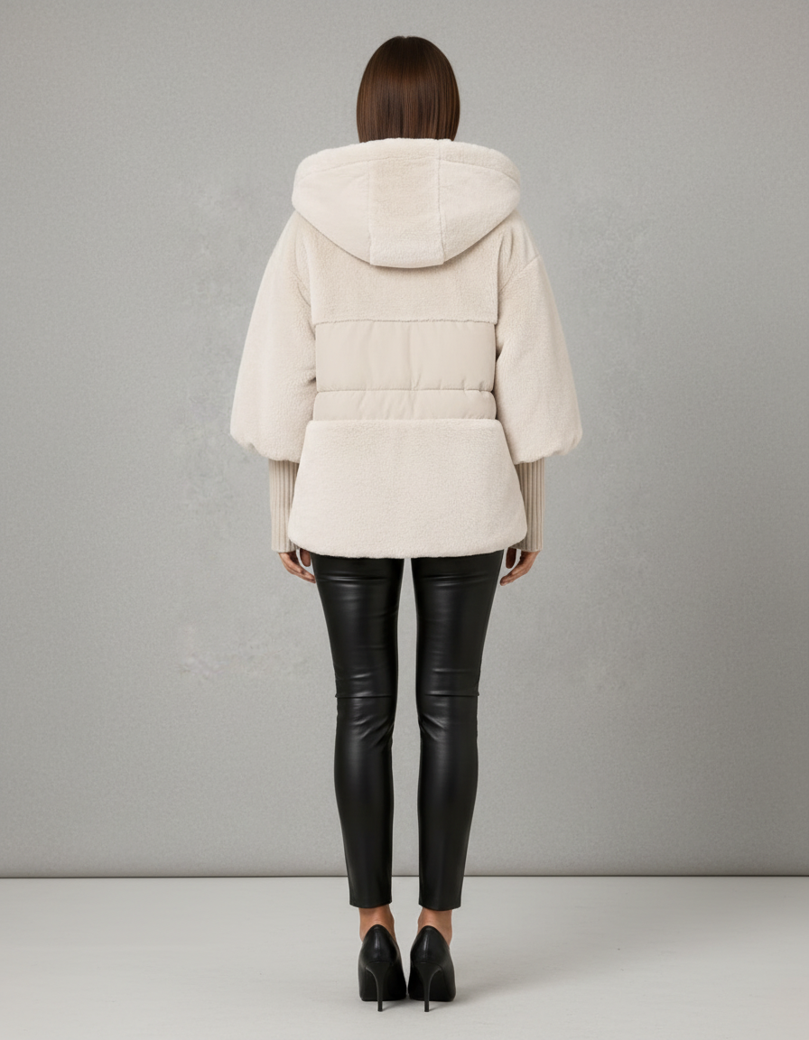 Women's hooded faux fur jacket with quilted panels and front pockets