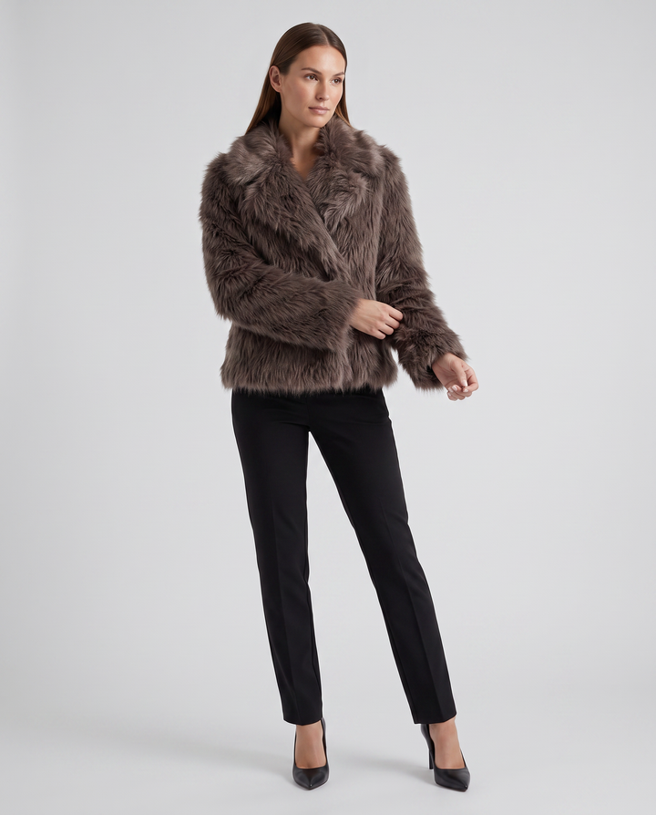 Women's brown shaggy fur-textured jacket with wide collar and long sleeves