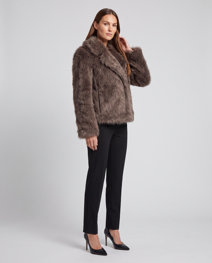 Women's brown shaggy fur-textured jacket with wide collar and long sleeves