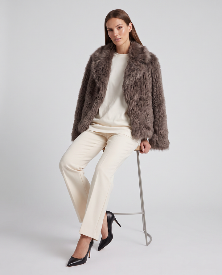 Women's brown shaggy fur-textured jacket with wide collar and long sleeves