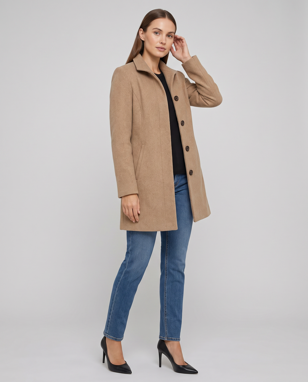 Women's straight-fit button coat with stand collar and long sleeves