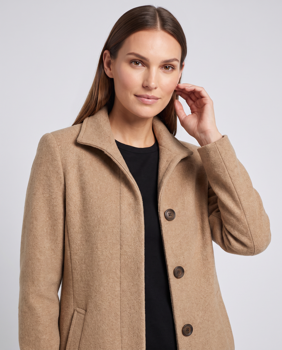Women's straight-fit button coat with stand collar and long sleeves